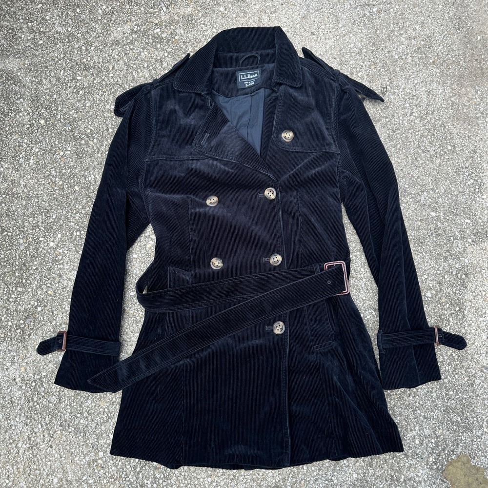 LL Bean Womens Black Corduroy Trench Coat Double Breasted Belted Jacket S-REG